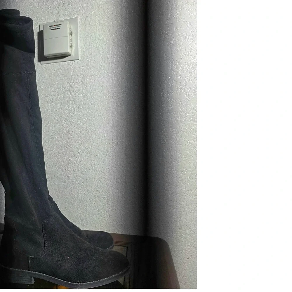 Black Over The Knee Boots Suede Elastic Panel Side Zip Flat Heel Women's Size‎ 7